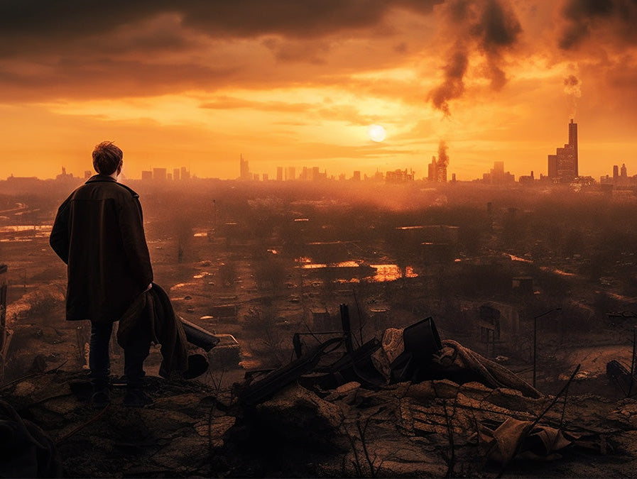 A dramatic sci-fi or post-apocalyptic scene with a lone figure in a trench coat standing on a ruined rooftop, looking out over a smoky industrial landscape at sunset.