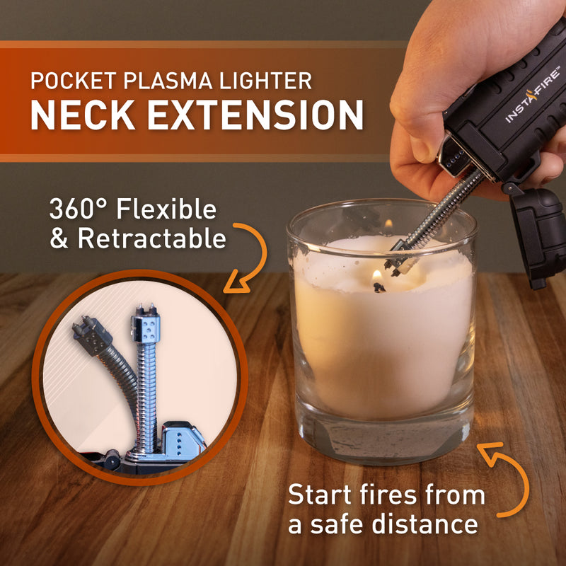 Infographic showcasing the Pocket Plasma Lighter's flexibility feature from the InstaFire Tactical Fire Starting Kit.