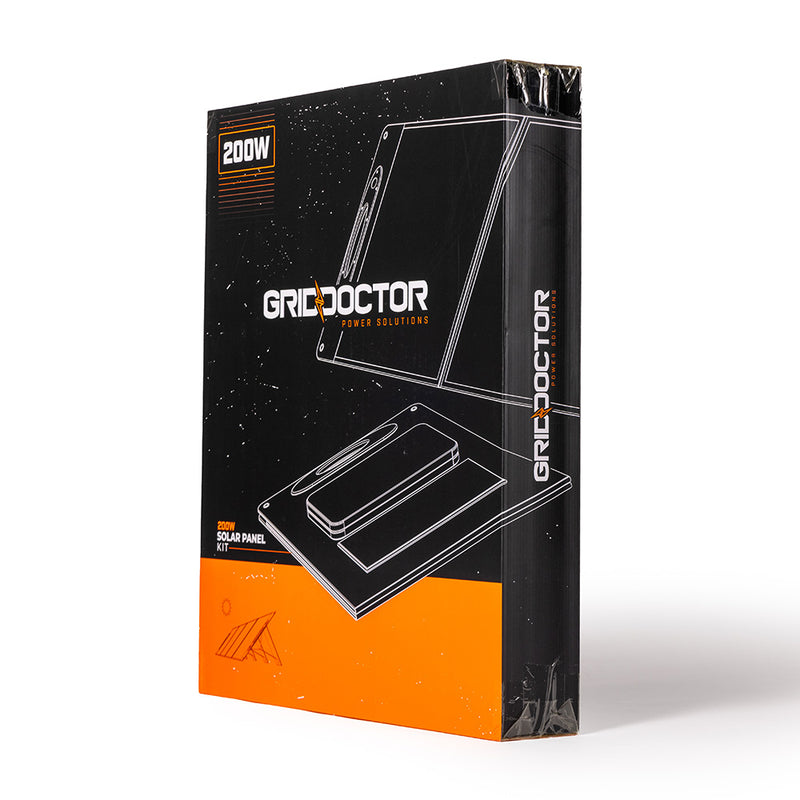 Grid Doctor 200W Solar Panel Kit in its retail packaging, displaying the product box with clear branding and content, ready for purchase and delivery. (7340716949644)