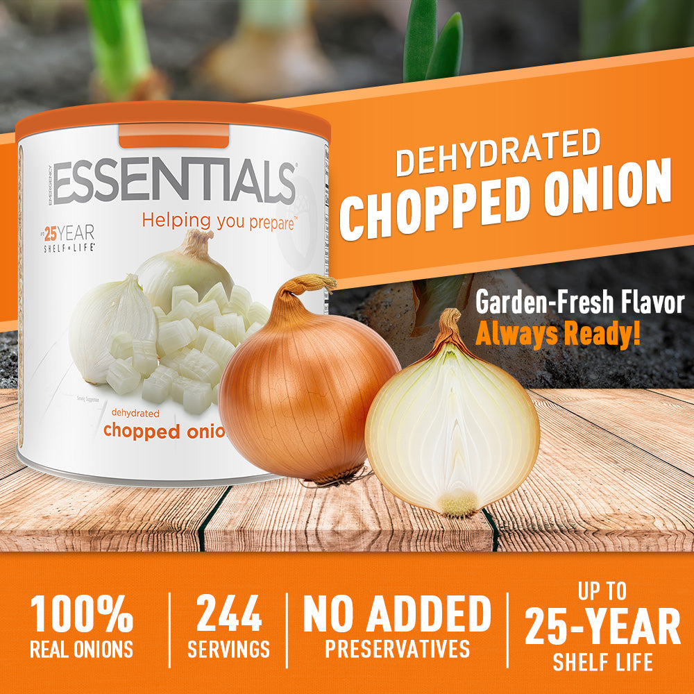 Dehydrated chopped onion package with onions on a wooden surface