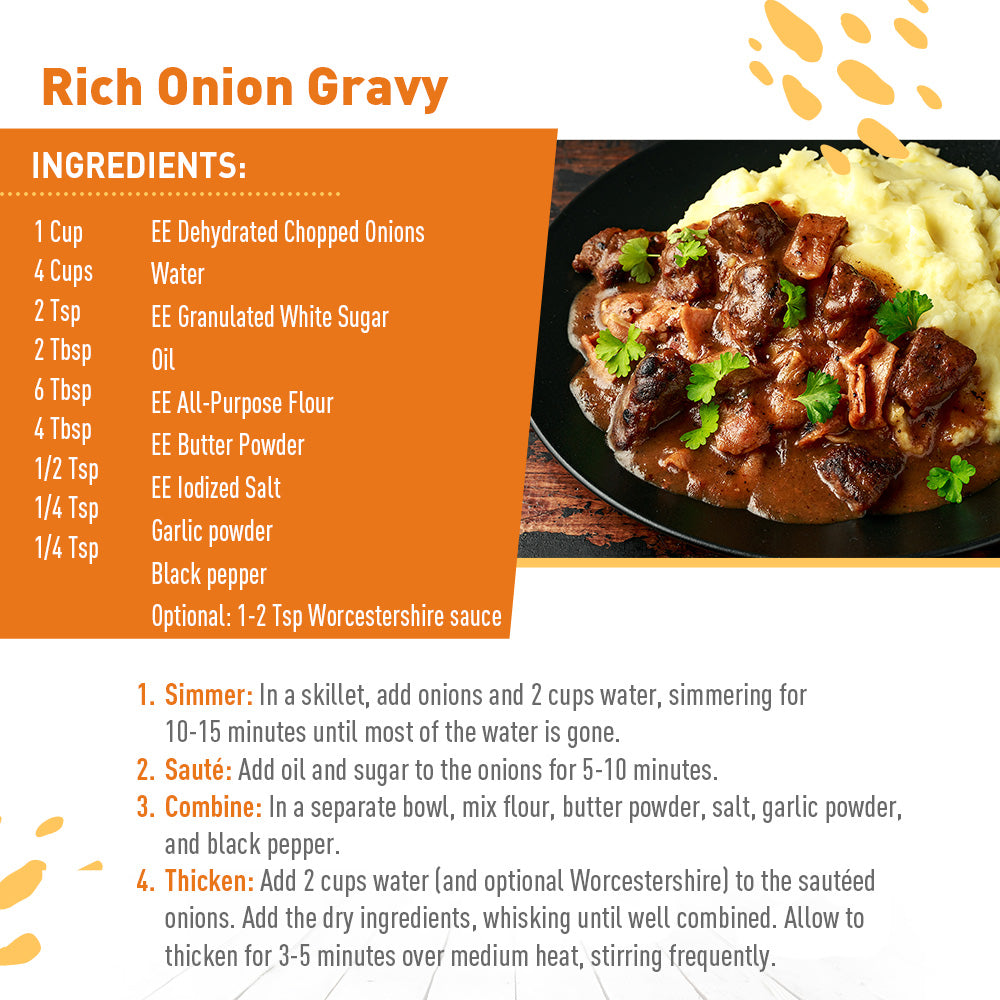 Recipe card for rich onion gravy with ingredients and preparation steps.