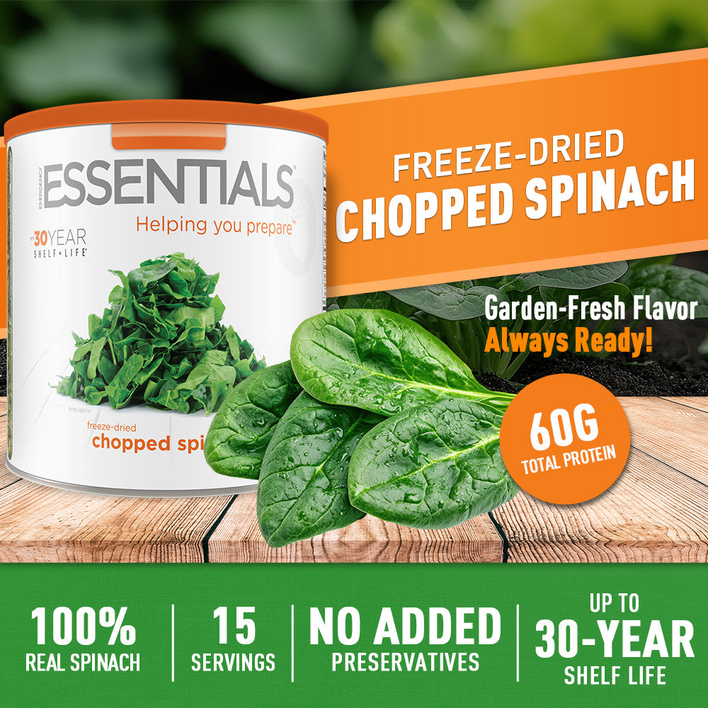 Can of freeze-dried chopped spinach with packaging details on a wooden surface