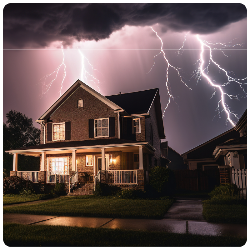 A suburban house in a thunder and lightning storm