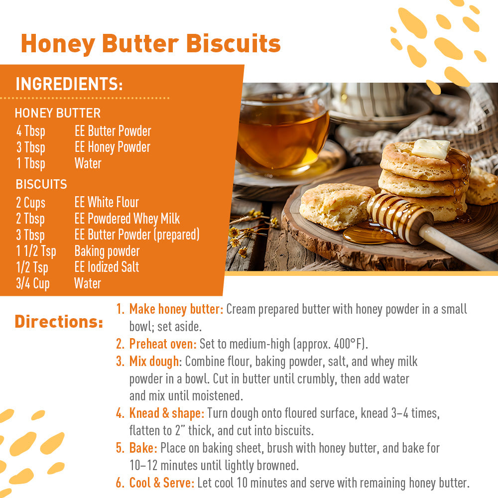 Honey Butter Biscuits recipe card with ingredients and directions, featuring a stack of biscuits and honey on a wooden board
