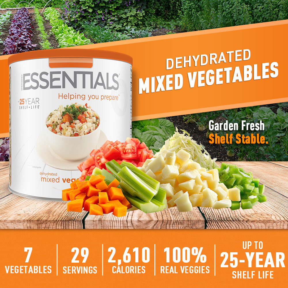 Dehydrated mixed vegetables packaging with garden view in the background