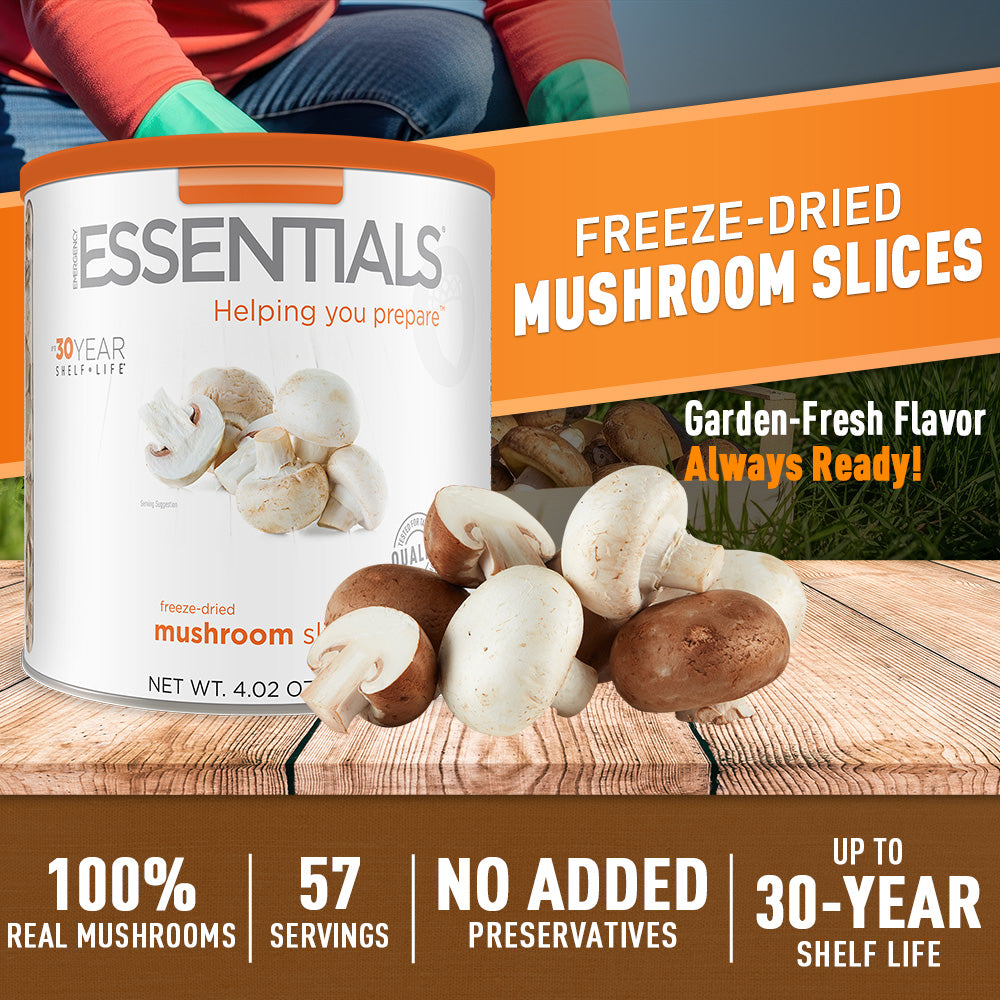 Can of freeze-dried mushroom slices on a wooden surface