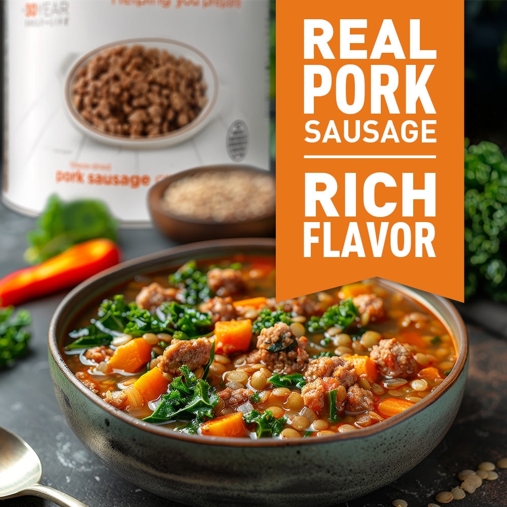 NEW Emergency Essentials® Pork Sausage Crumbles Large #10 can