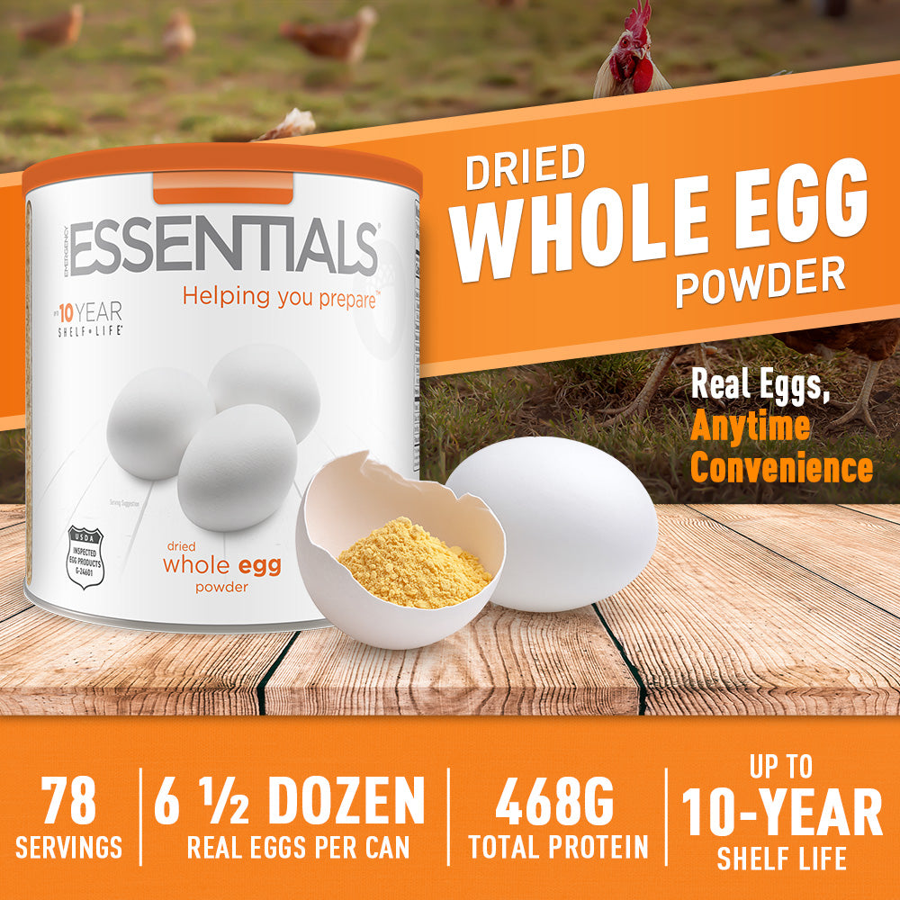 Dried whole egg powder packaging with a bowl of powder and eggs
