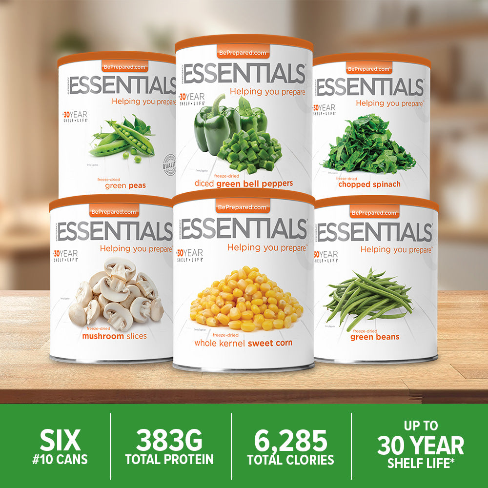 Emergency Essentials Premium Veggie Kit infographic showing included freeze-dried vegetables