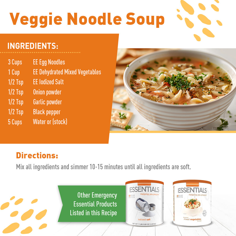 Veggie noodle soup recipe card with ingredients and directions
