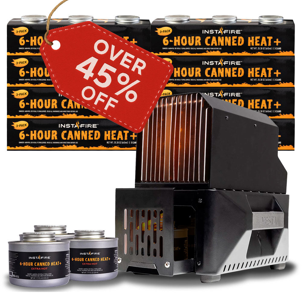 VESTA Self-Powered Indoor Space Heater & Cook Stove Plus 24 Cans of Canned Heat by InstaFire
