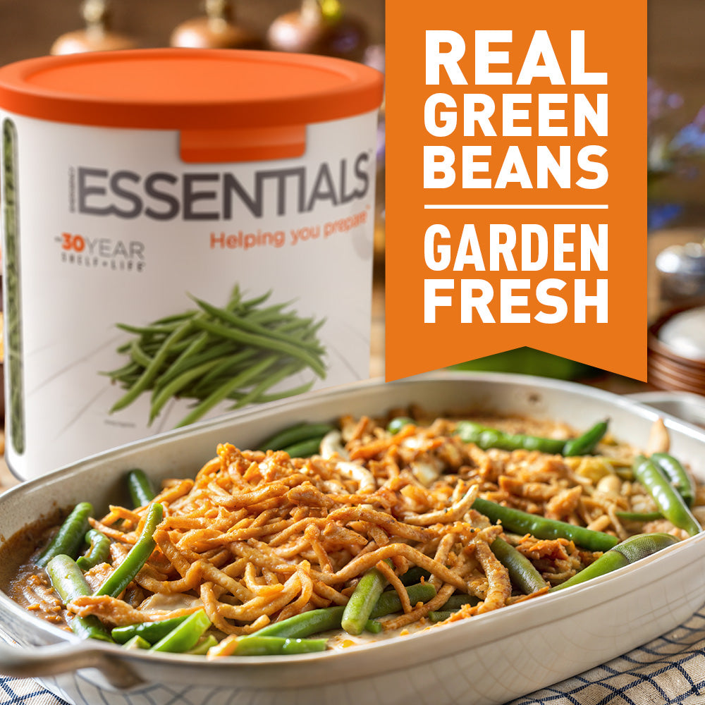 Casserole dish with green beans next to a container of green beans