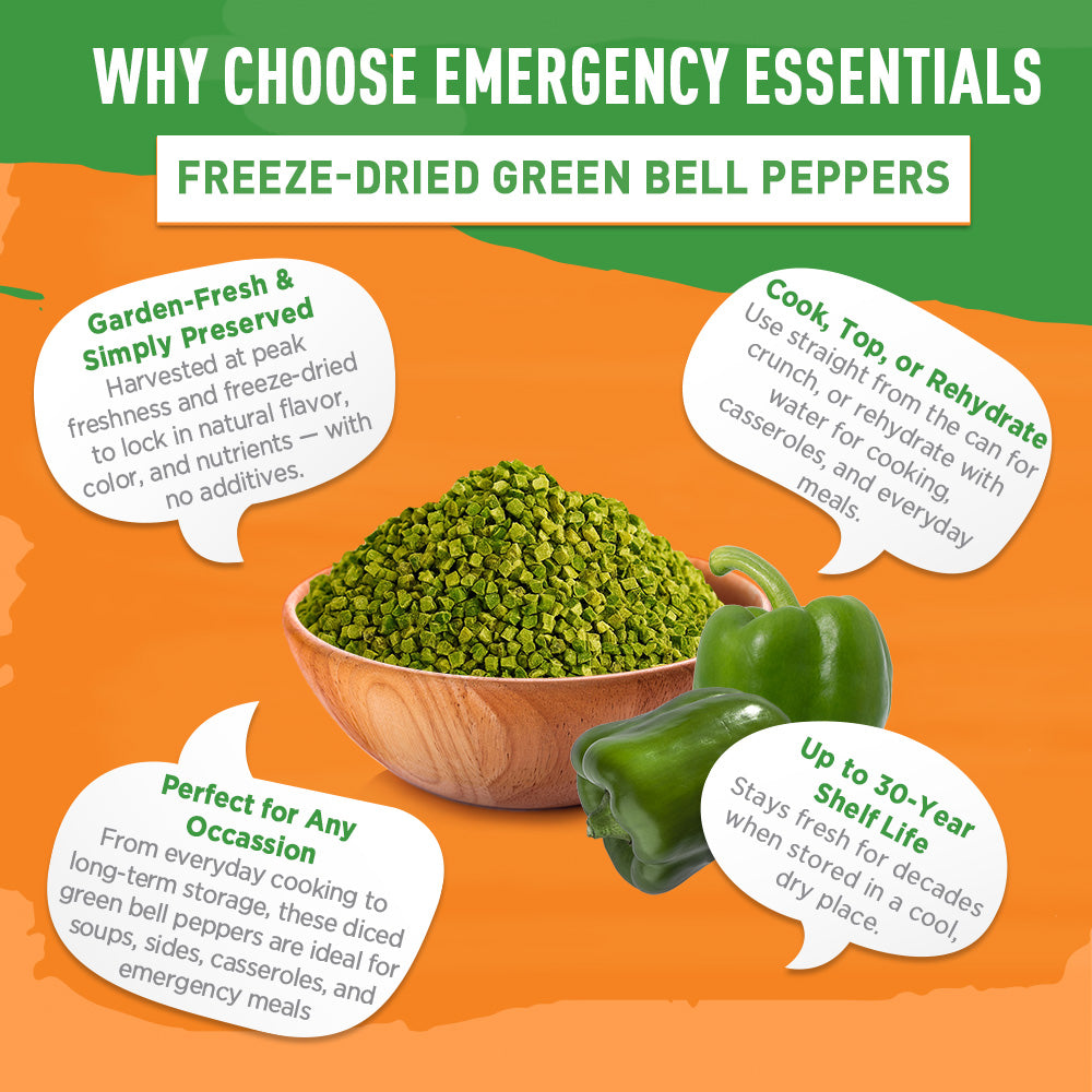 Promotional graphic for freeze-dried green bell peppers