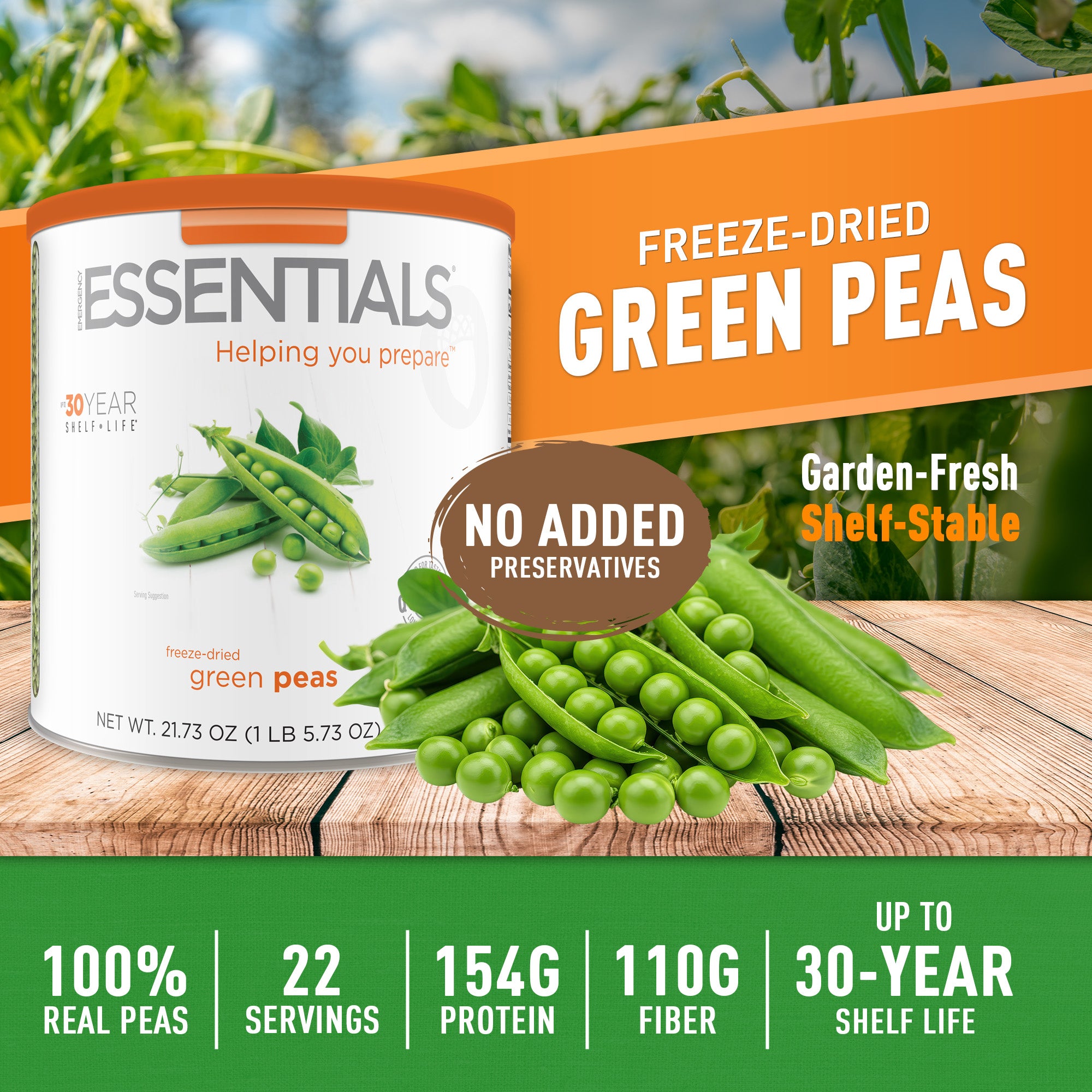 Can of Emergency Essentials freeze-dried green peas
