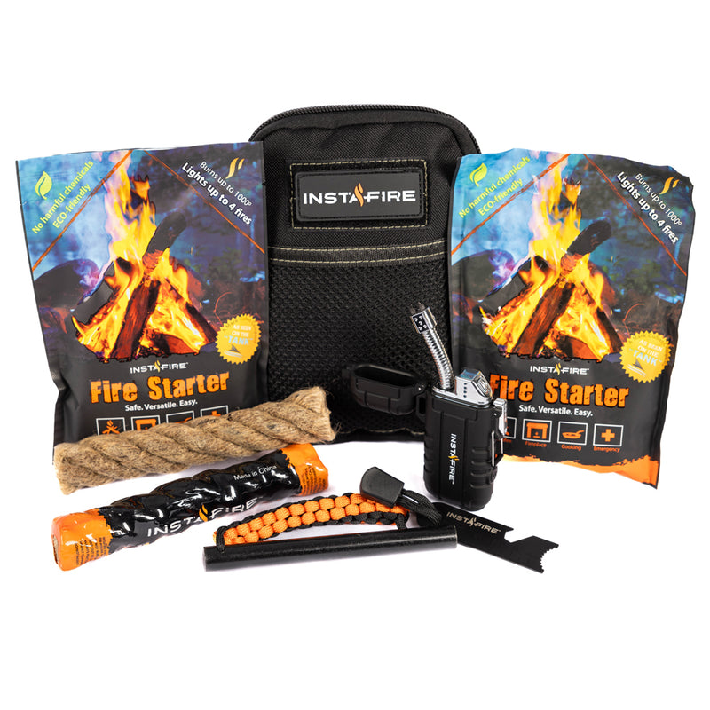 InstaFire Tactical Fire Starting Kit displayed open with contents including Pocket Plasma Lighter, flint, and fire starter packs.