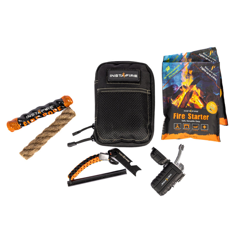 InstaFire Tactical Fire Starting Kit displayed open with contents including Pocket Plasma Lighter, flint, and fire starter packs.