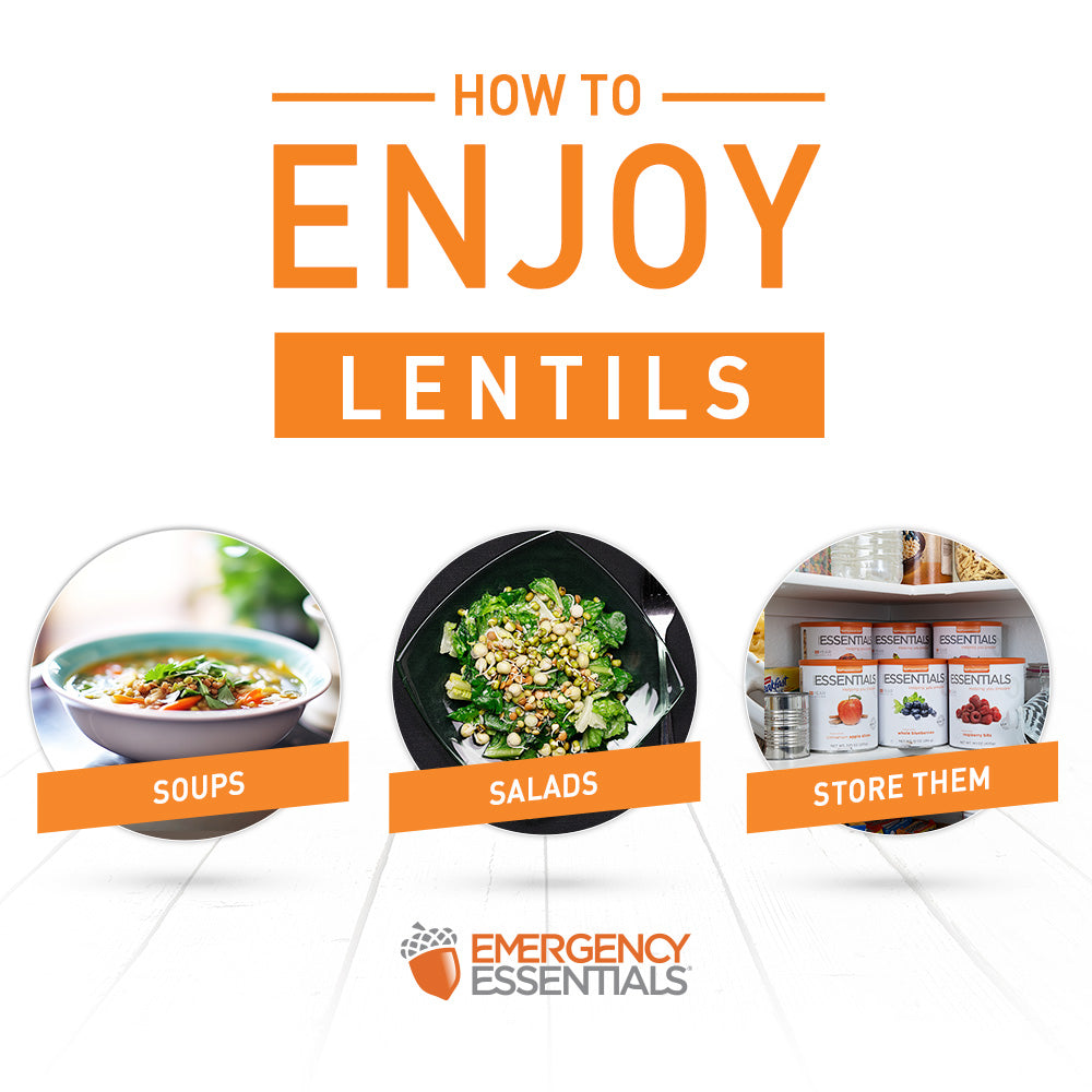 Infographic on how to enjoy lentils with images of soups, salads, and storage containers