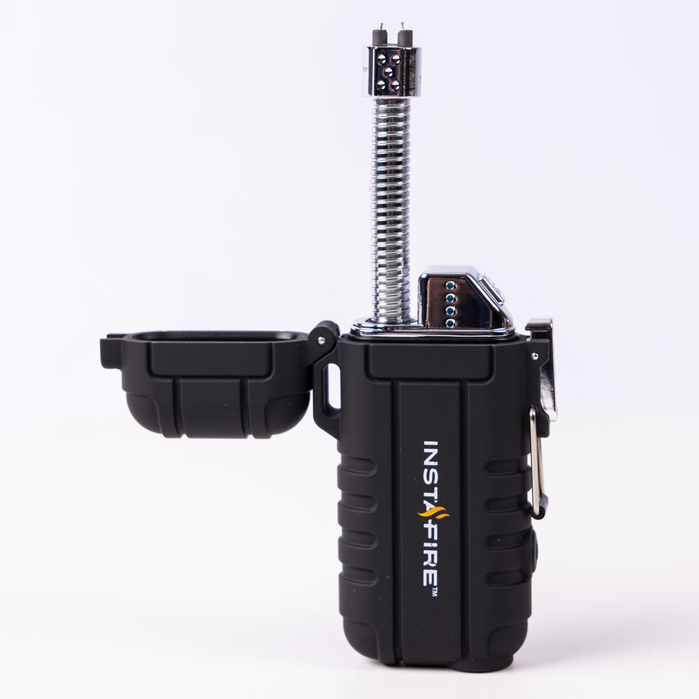 Pocket Plasma Lighter by InstaFire with vertical retractable neck extended.
