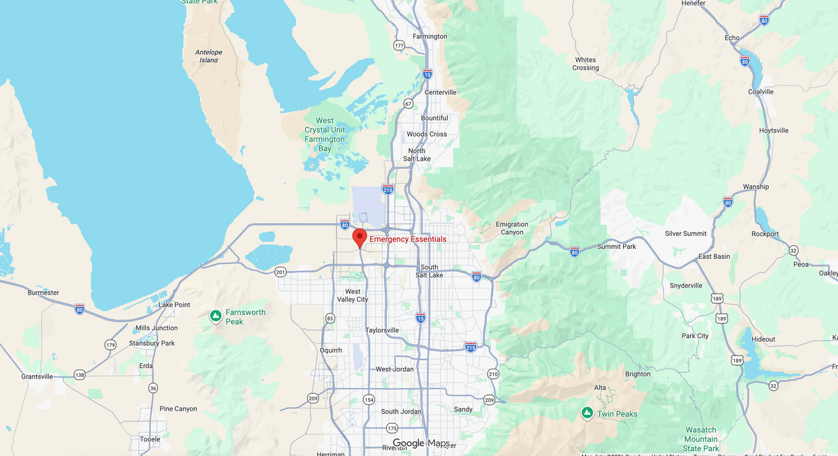Map of Salt Lake City with a red dot indicating Emergency Essentials headquarters