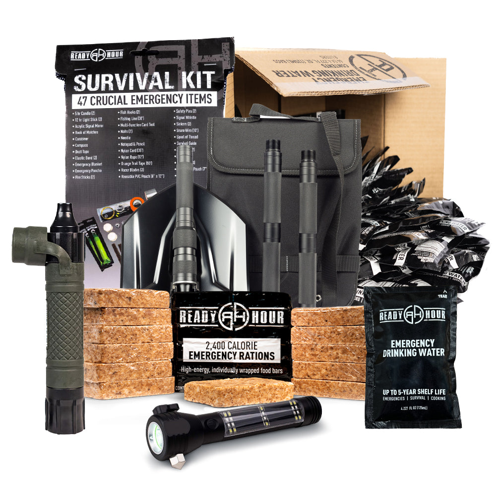 Survival kit to keep in your car with emergency items including a flashlight, water bottles, and rations