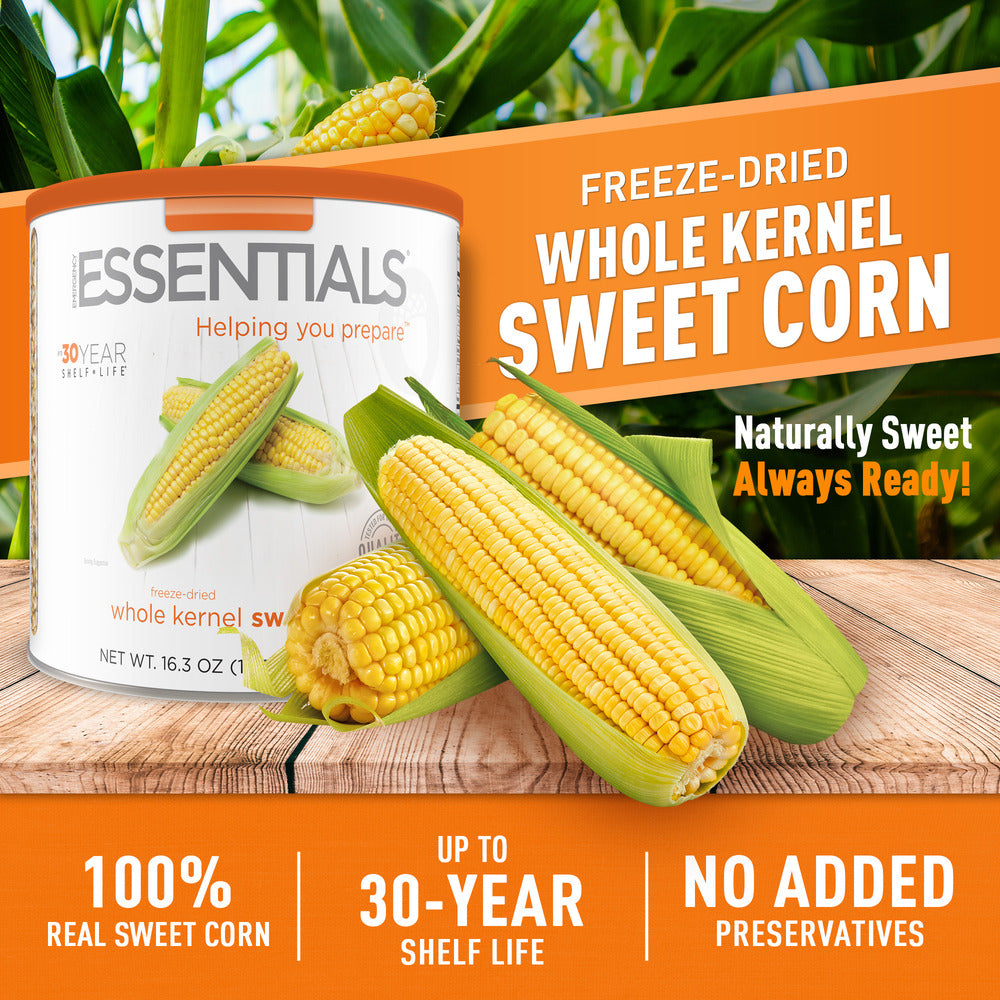 Freeze-dried whole kernel sweet corn can with cobs of corn