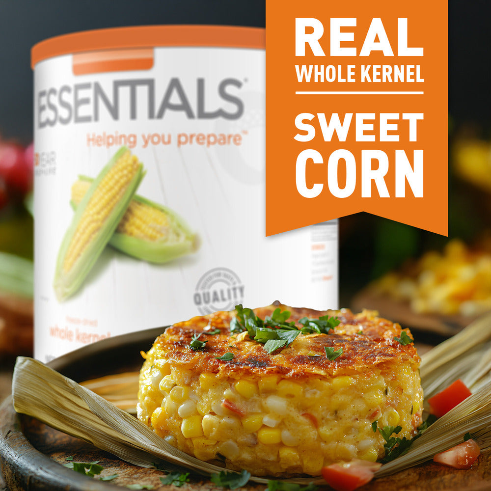 Can of sweet corn with corn dish on a wooden board