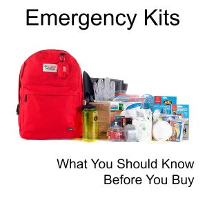 Picture of an emergency kit and survival items with the words