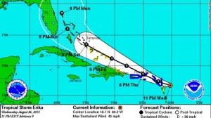 Tropical storm Erika - Path