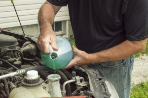 Putting windshield wiper fluid in a car.