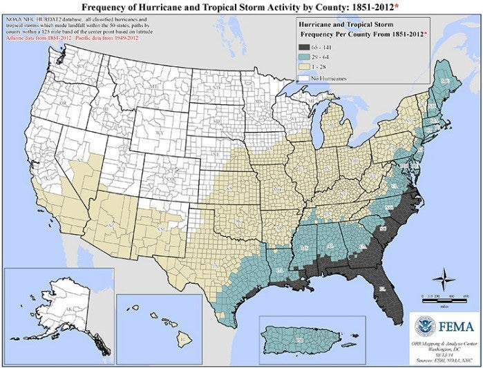Hurricane Frequency by County - Via FEMA