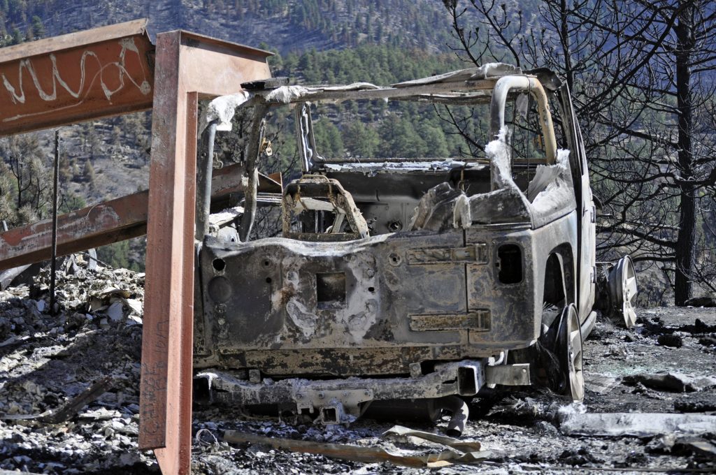 Burned out car in mountains