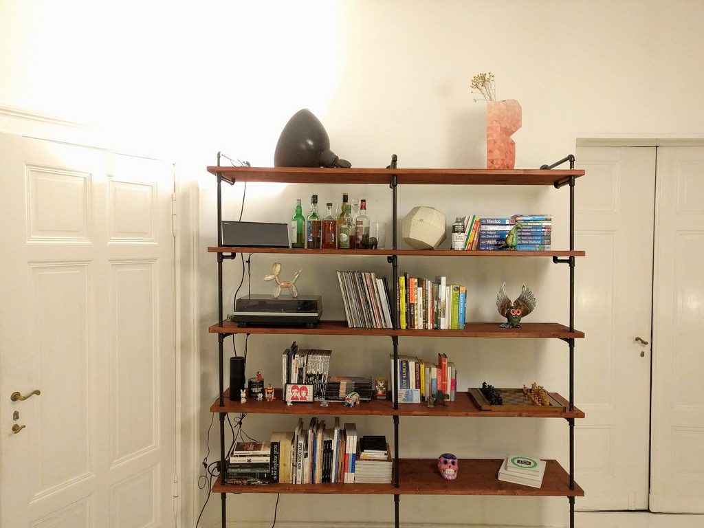 Shelving with heavy objects that could fall during an earthquake