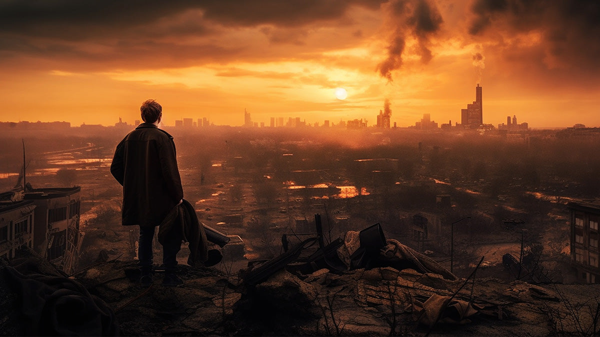 A dramatic sci-fi or post-apocalyptic scene with a lone figure in a trench coat standing on a ruined rooftop, looking out over a smoky industrial landscape at sunset. 