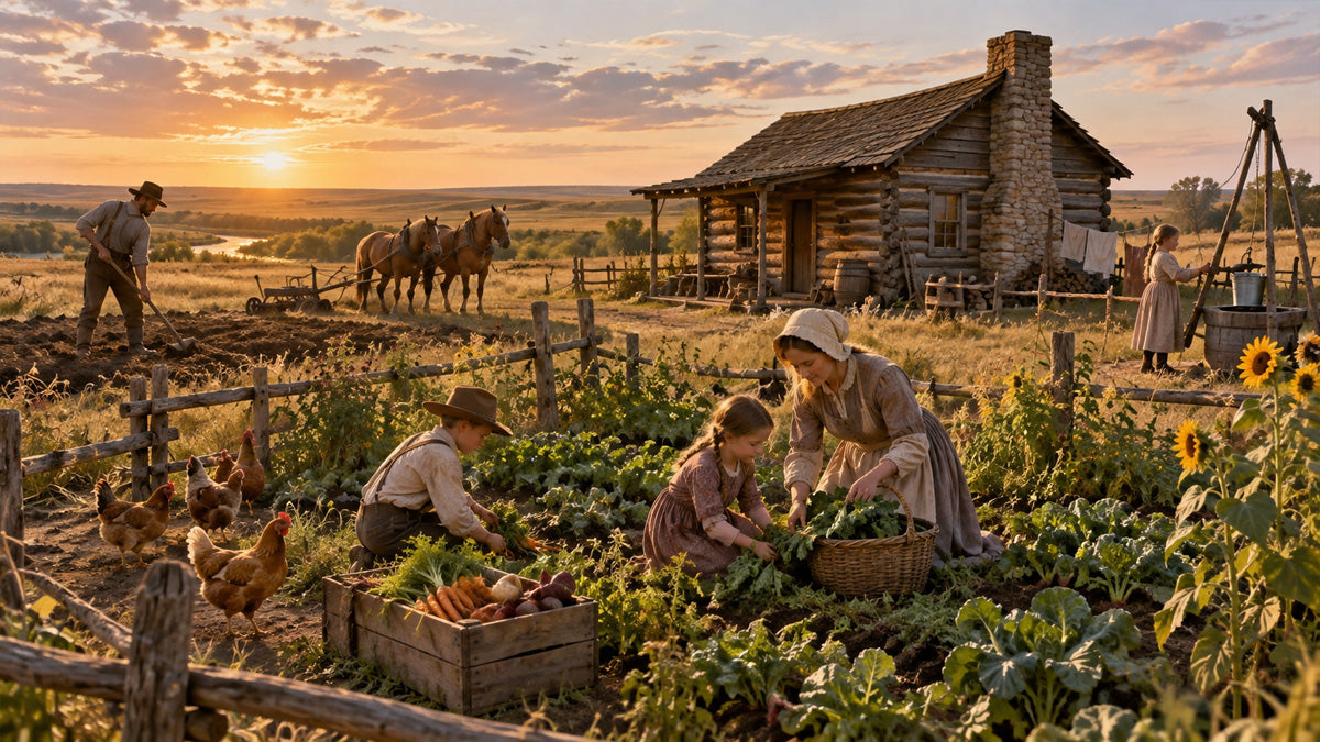 Pioneer family tending a vegetable garden beside a log cabin, with chickens, horses, crops, and harvested produce at sunset.