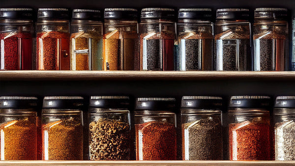 Rows of jars filled with spices in a kitchen cuboard.