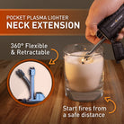 Infographic showcasing the Pocket Plasma Lighter's flexibility feature from the InstaFire Tactical Fire Starting Kit.