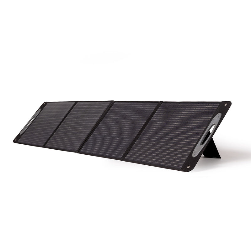 Front view of Grid Doctor 200W Solar Panel fully extended on white background showing monocrystalline cells. (7340716949644)