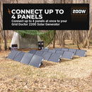 Four Grid Doctor 200W Monocrystalline Solar Panels lined up side by side on green grass, fully extended to capture sunlight. (7340716949644)