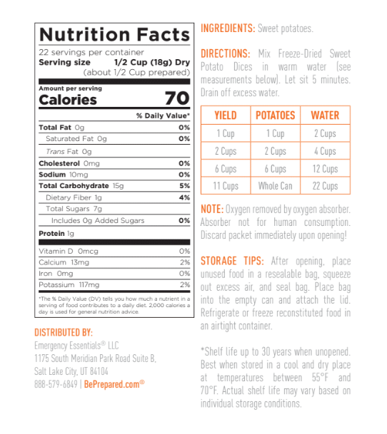 Emergency Essentials® Freeze-Dried Sweet Potato Dices with Peel Large #10 Can