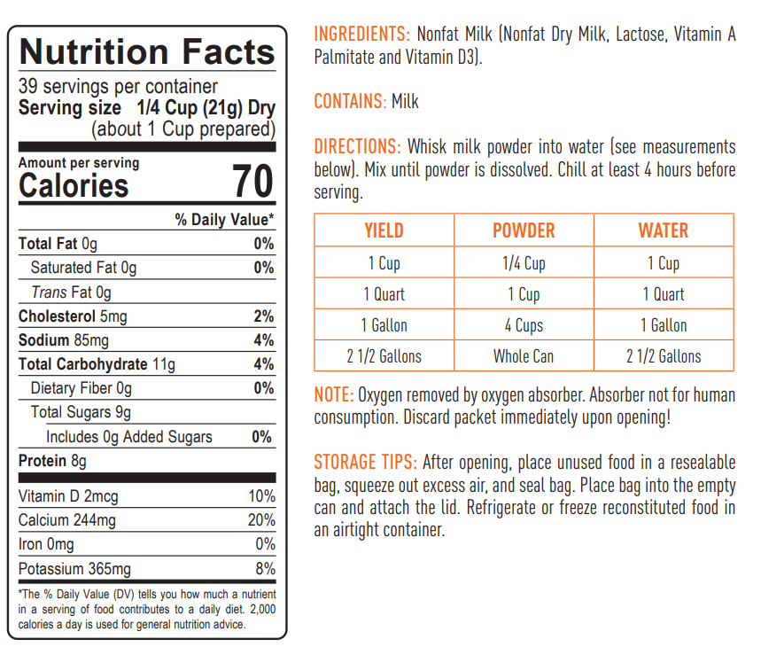 Emergency Essentials® Fortified Instant Nonfat Dry Milk Large (29 Ounces) #10 Can