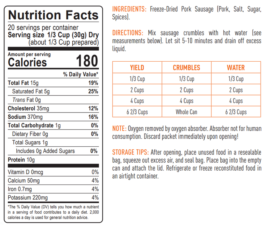 NEW Emergency Essentials® Pork Sausage Crumbles Large #10 can