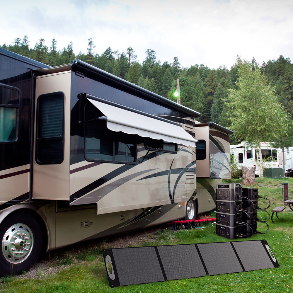 Grid Doctor solar generator powering an RV campsite and outdoor setup