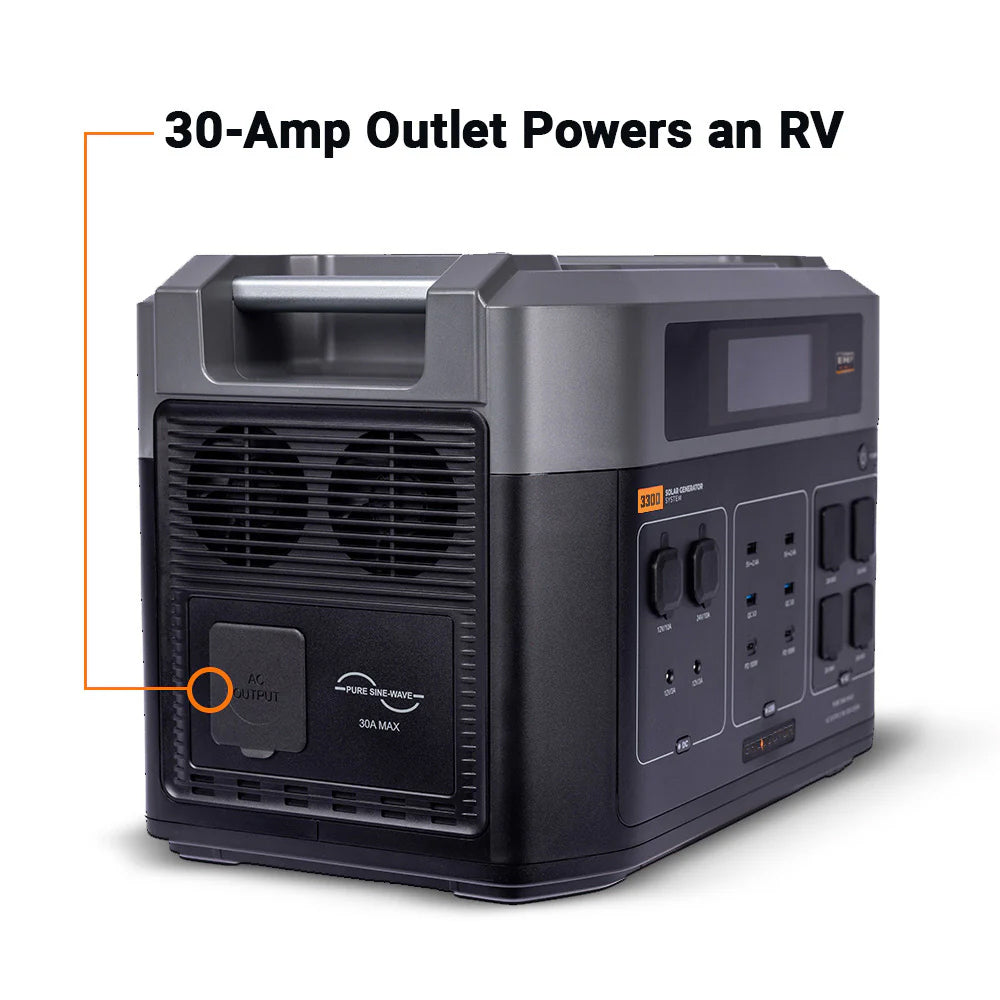 Grid Doctor 3300 solar generator showing 30-amp RV power outlet
