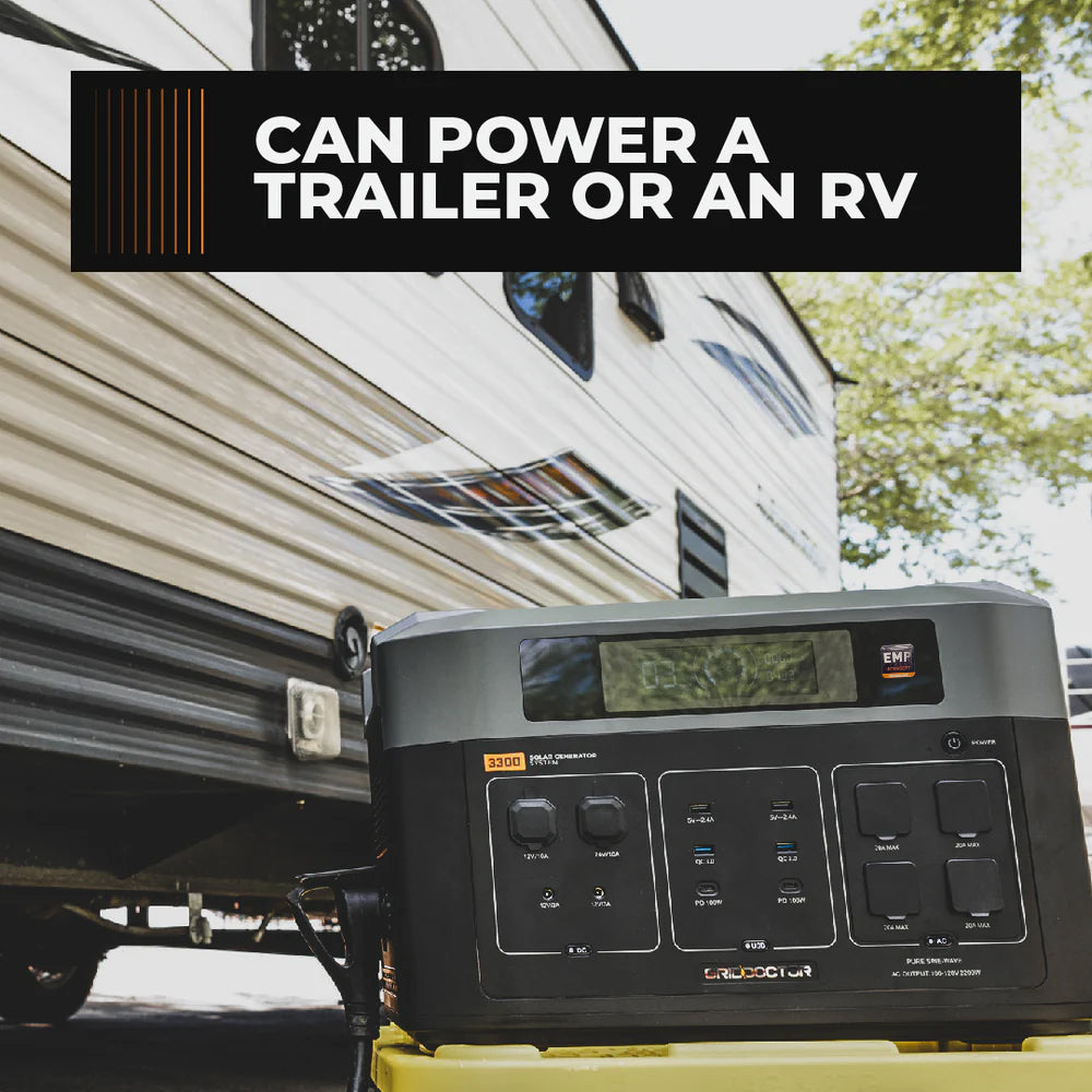 Grid Doctor 3300 solar generator connected for RV and trailer power