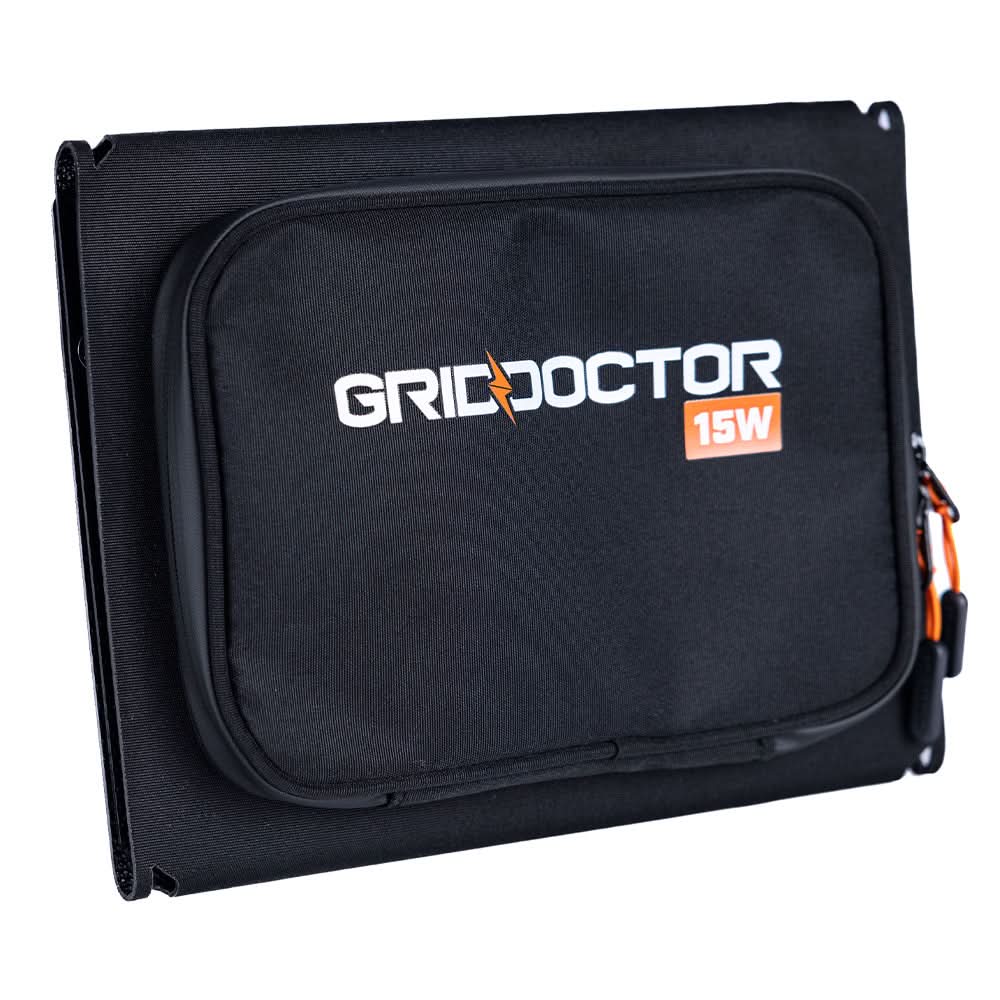 Folded Grid Doctor 15W Solar Panel with zippered carrying pouch