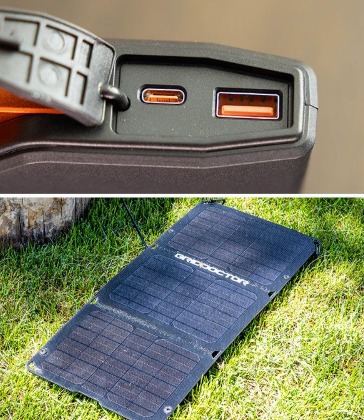 Grid Doctor 65W Power Bank USB ports and unfolded 15W Solar Panel outdoors