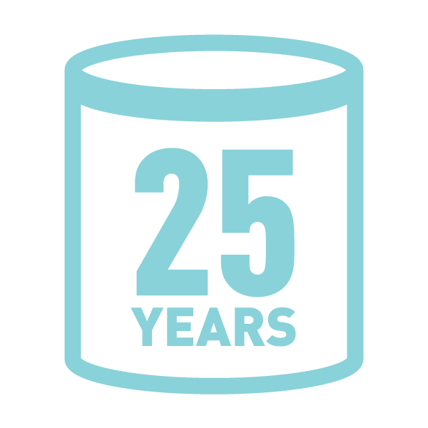 Light blue icon of a cylindrical object with '25 Years' text on a white background