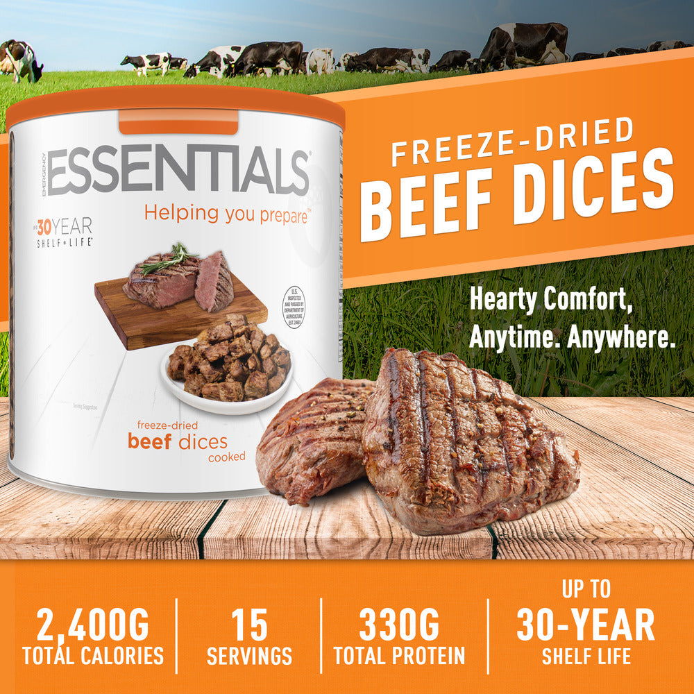 Essentials freeze-dried beef dices with beef on a wooden surface.