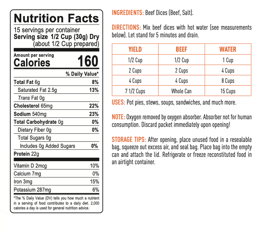 Emergency Essentials® Freeze-Dried Beef Dices Large #10 Can (Cooked)