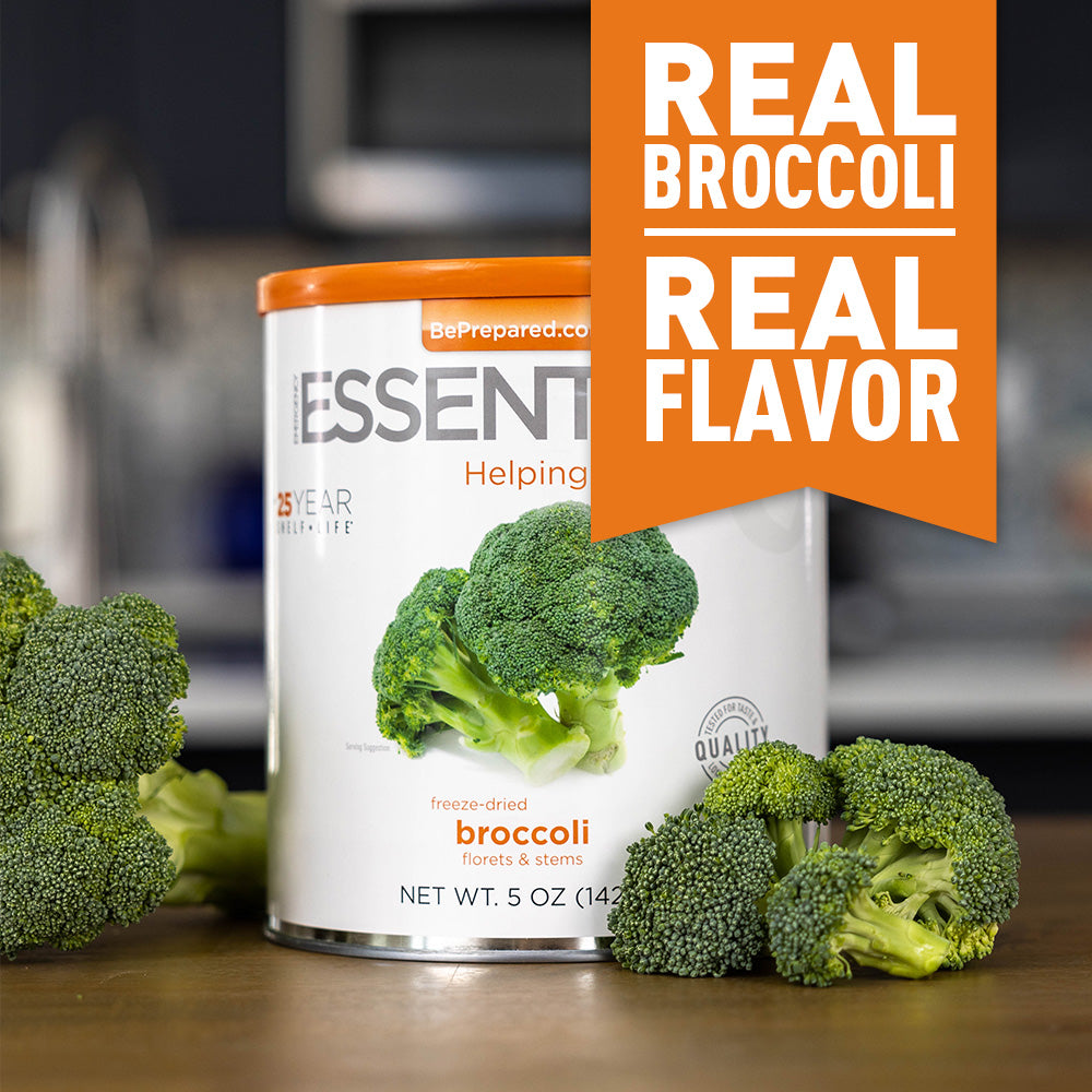 Can of freeze-dried broccoli with fresh broccoli on a kitchen counter